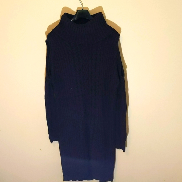 GeorgelPurple Turtleneck Sweater Dress With Cold Shouldered Sleeve Acrylic Blend - Picture 1 of 14